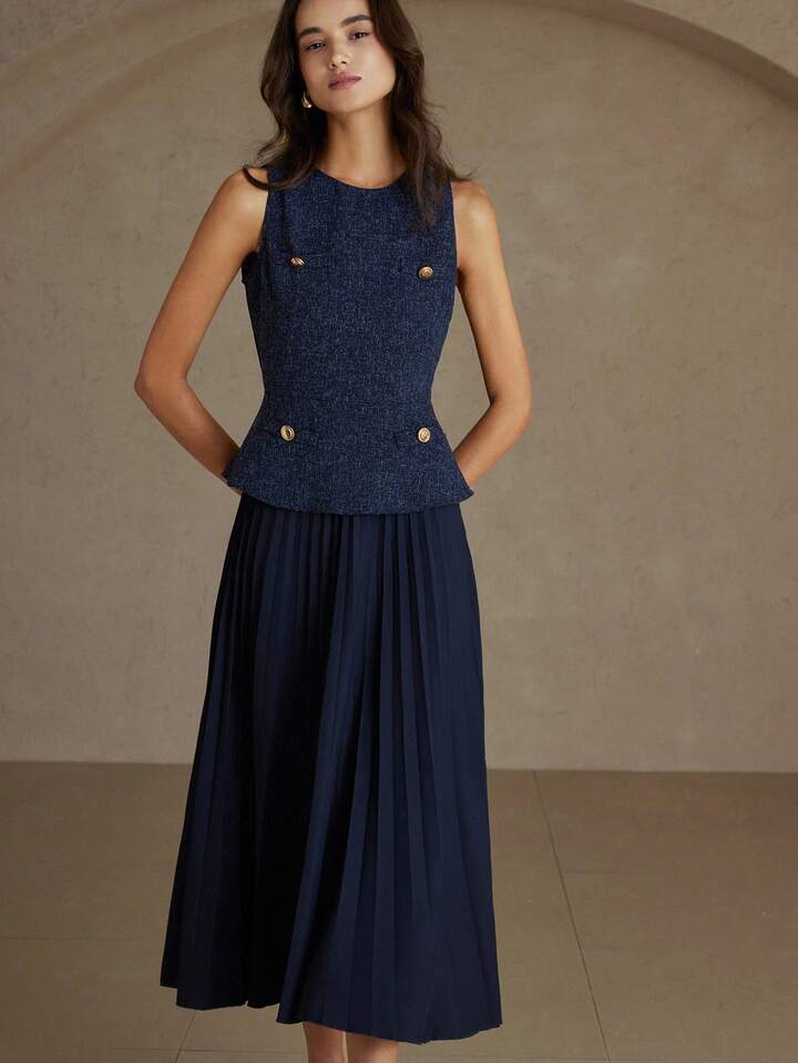 CM-DS008133 Women Elegant Seoul Style Round Neck Sleeveless Pleated Waist A-Line Midi Dress - Navy Blue
