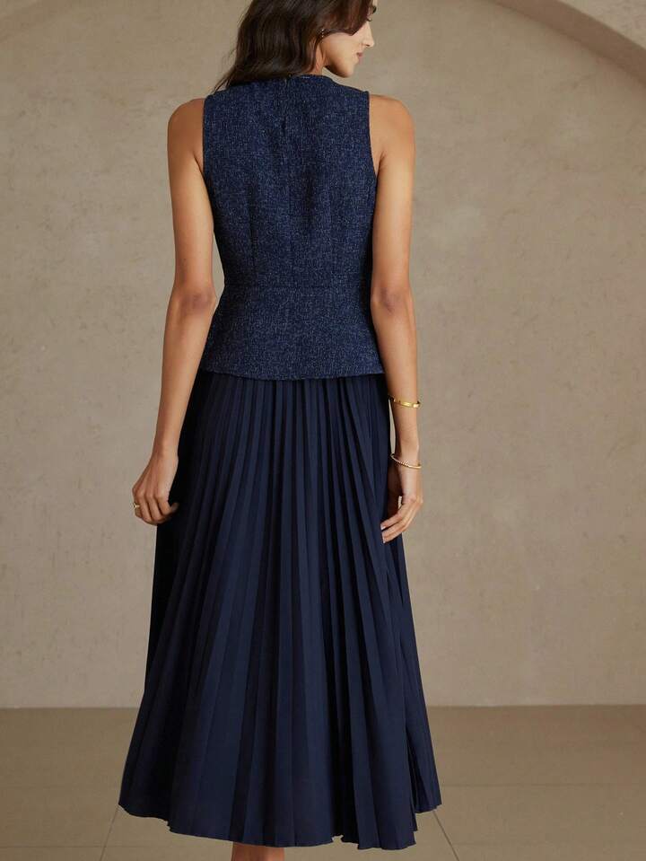 CM-DS008133 Women Elegant Seoul Style Round Neck Sleeveless Pleated Waist A-Line Midi Dress - Navy Blue
