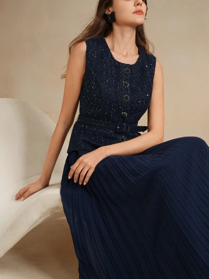 CM-DS633092 Women Elegant Seoul Style Patchwork Chiffon 2 In 1 Pleated Maxi Tweed Dress - Blue