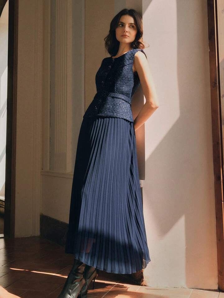 CM-DS633092 Women Elegant Seoul Style Patchwork Chiffon 2 In 1 Pleated Maxi Tweed Dress - Blue
