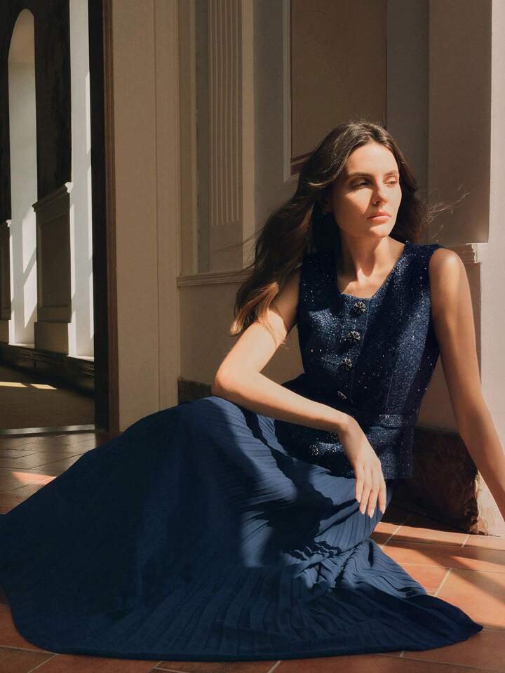 CM-DS633092 Women Elegant Seoul Style Patchwork Chiffon 2 In 1 Pleated Maxi Tweed Dress - Blue