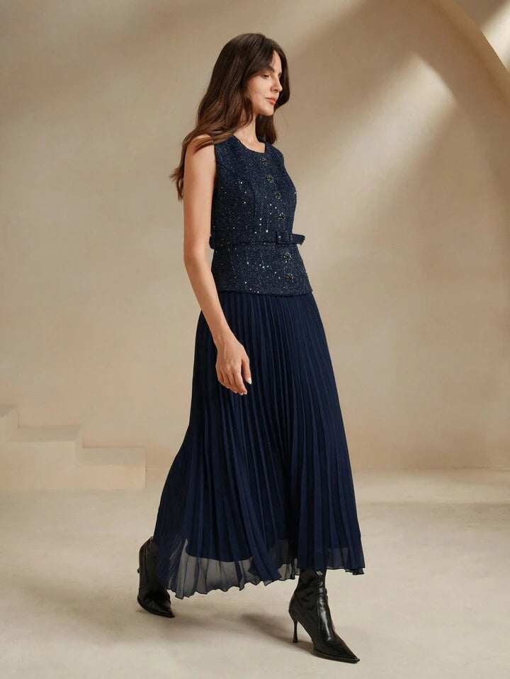CM-DS633092 Women Elegant Seoul Style Patchwork Chiffon 2 In 1 Pleated Maxi Tweed Dress - Blue