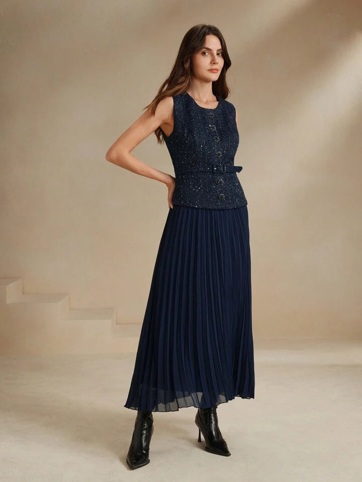 CM-DS633092 Women Elegant Seoul Style Patchwork Chiffon 2 In 1 Pleated Maxi Tweed Dress - Blue