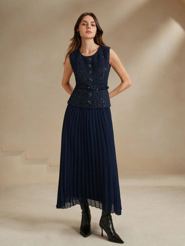 CM-DS633092 Women Elegant Seoul Style Patchwork Chiffon 2 In 1 Pleated Maxi Tweed Dress - Blue