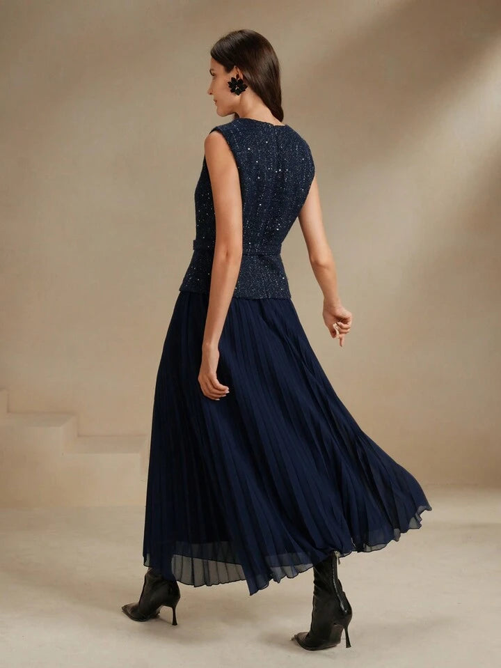 CM-DS633092 Women Elegant Seoul Style Patchwork Chiffon 2 In 1 Pleated Maxi Tweed Dress - Blue