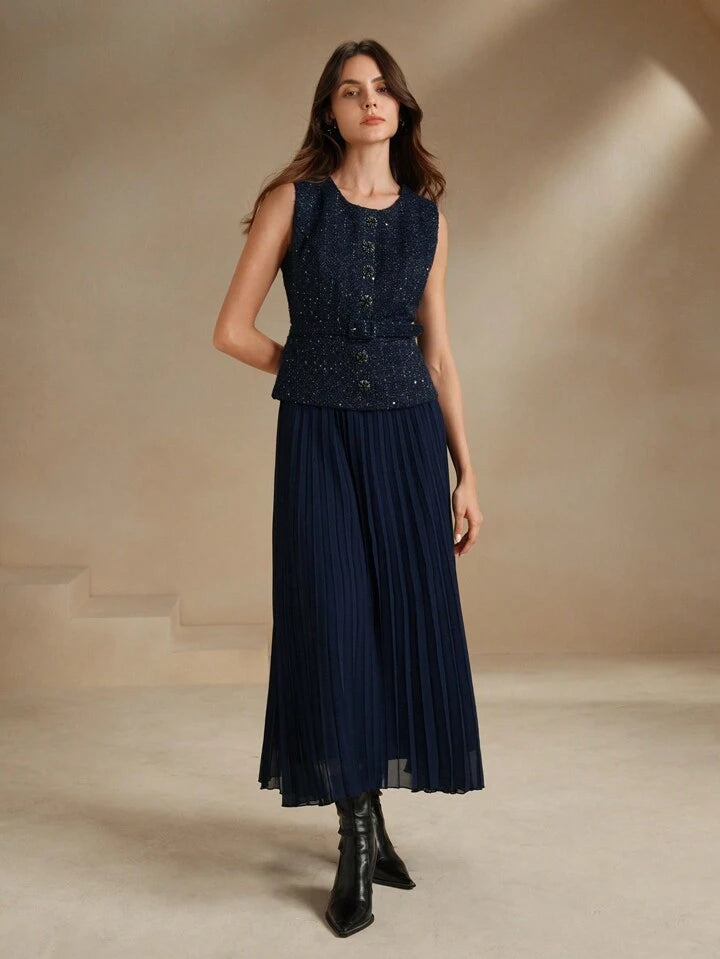 CM-DS633092 Women Elegant Seoul Style Patchwork Chiffon 2 In 1 Pleated Maxi Tweed Dress - Blue
