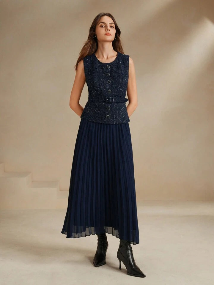 CM-DS633092 Women Elegant Seoul Style Patchwork Chiffon 2 In 1 Pleated Maxi Tweed Dress - Blue