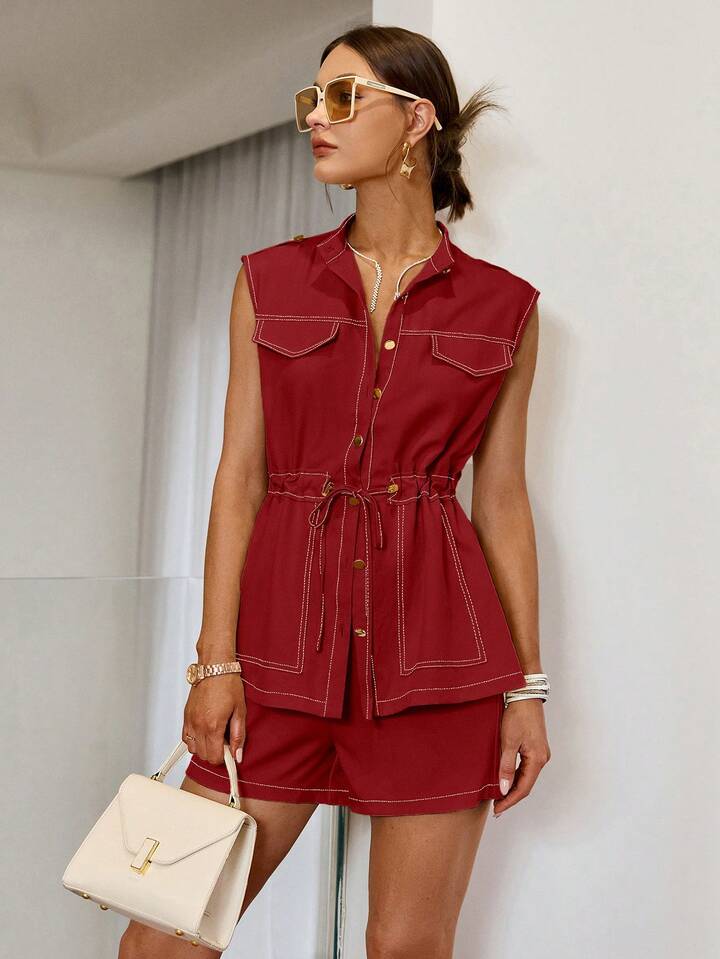 CM-SS233532 Women Casual Seoul Style Solid Color Drawstring Waist Button Front Sleeveless Top With Shorts - Set
