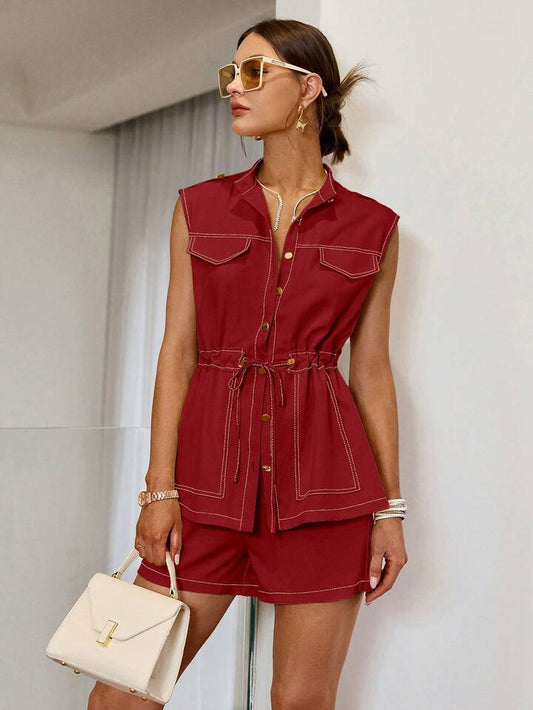 CM-SS233532 Women Casual Seoul Style Solid Color Drawstring Waist Button Front Sleeveless Top With Shorts - Set