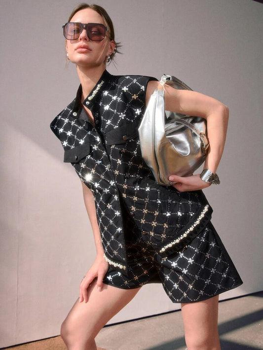 CM-SS348490 Women Elegant Seoul Style Stand Collar Embellished Sequins And Pearls Sleeveless Top With Shorts - Set