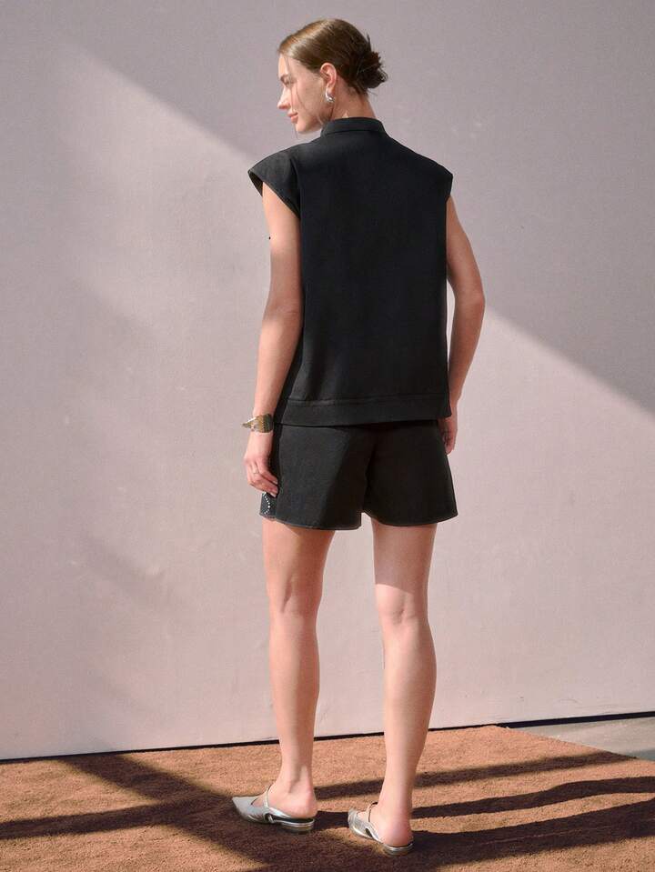 CM-SS348490 Women Elegant Seoul Style Stand Collar Embellished Sequins And Pearls Sleeveless Top With Shorts - Set