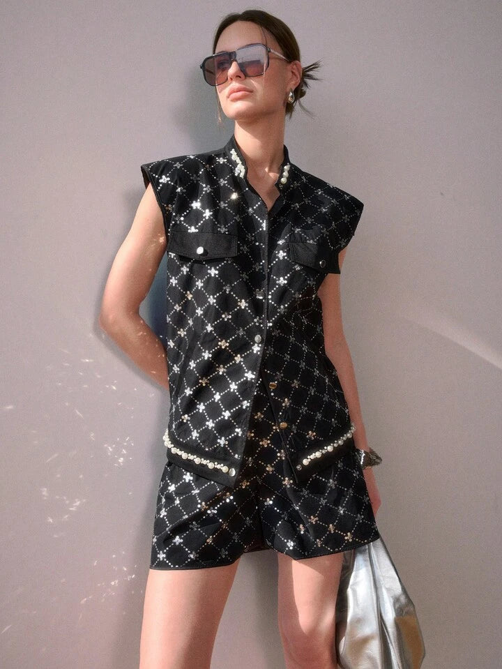 CM-SS348490 Women Elegant Seoul Style Stand Collar Embellished Sequins And Pearls Sleeveless Top With Shorts - Set