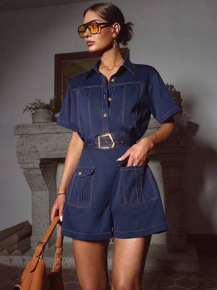 CM-SS321137 Women Elegant Seoul Style Denim Effect Contrast Color Lapel Short Sleeve Top With Shorts - Set