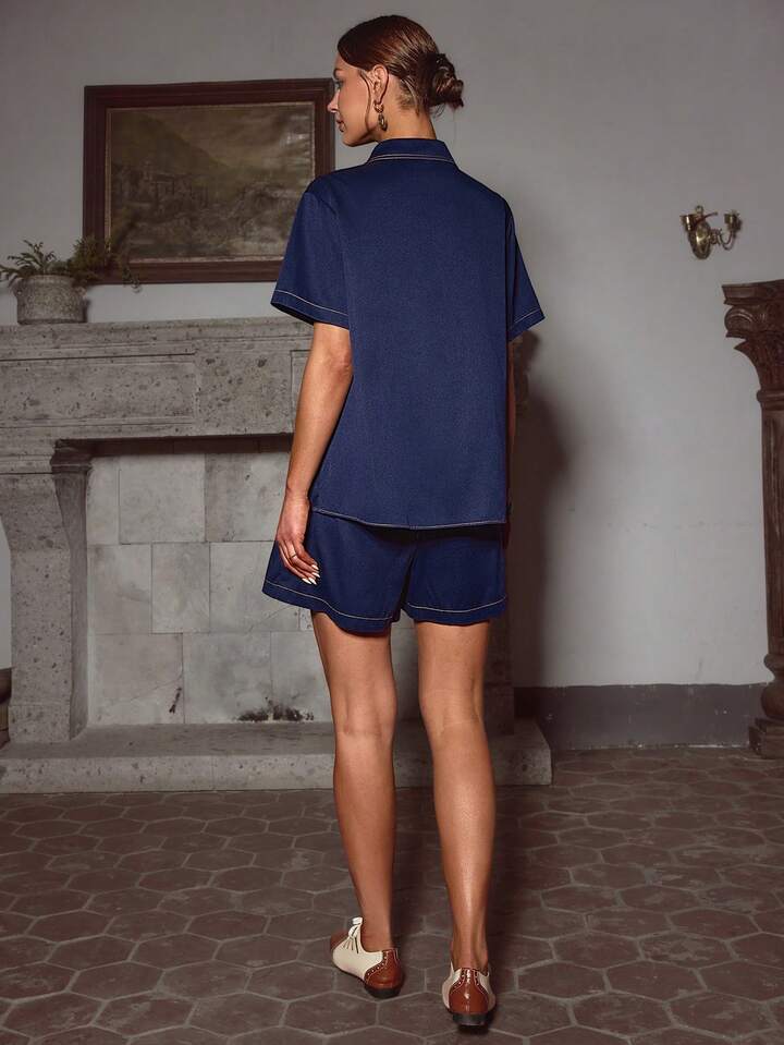 CM-SS321137 Women Elegant Seoul Style Denim Effect Contrast Color Lapel Short Sleeve Top With Shorts - Set