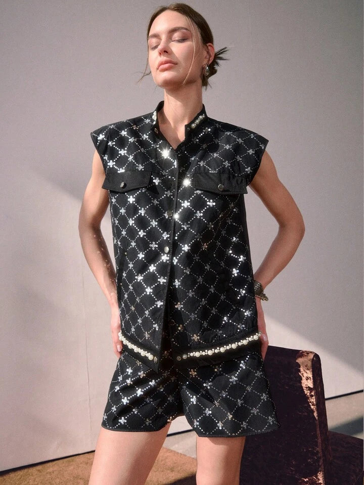CM-SS348490 Women Elegant Seoul Style Stand Collar Embellished Sequins And Pearls Sleeveless Top With Shorts - Set
