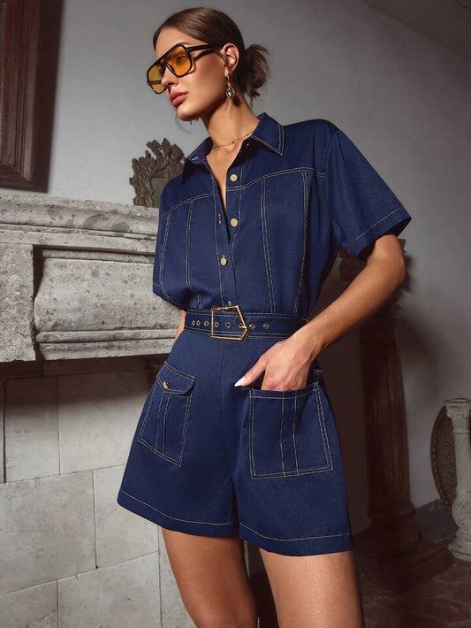 CM-SS321137 Women Elegant Seoul Style Denim Effect Contrast Color Lapel Short Sleeve Top With Shorts - Set