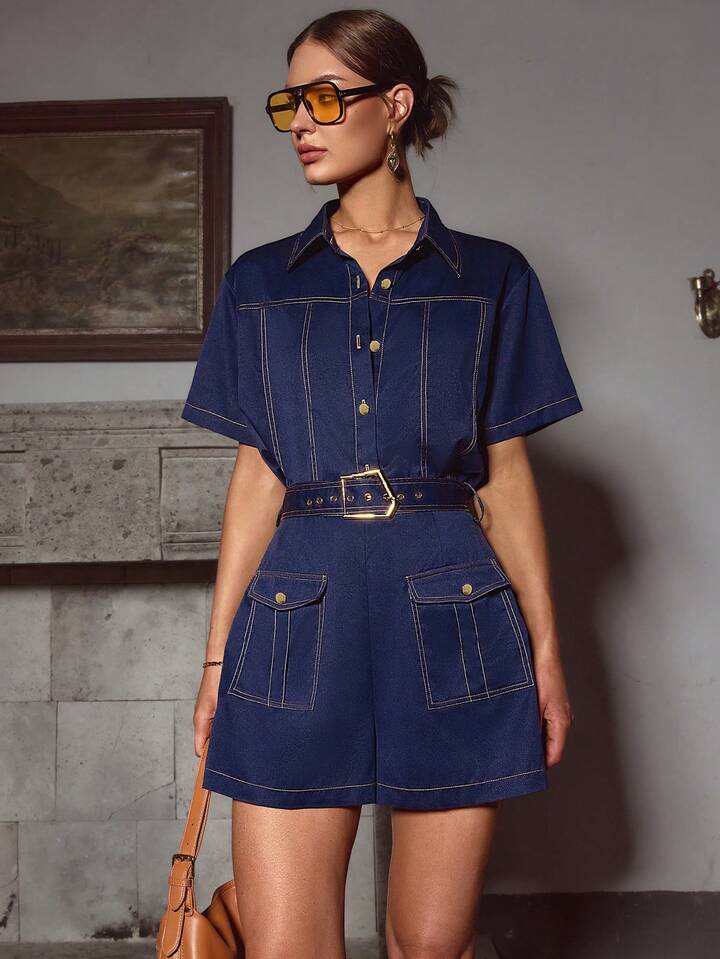 CM-SS321137 Women Elegant Seoul Style Denim Effect Contrast Color Lapel Short Sleeve Top With Shorts - Set
