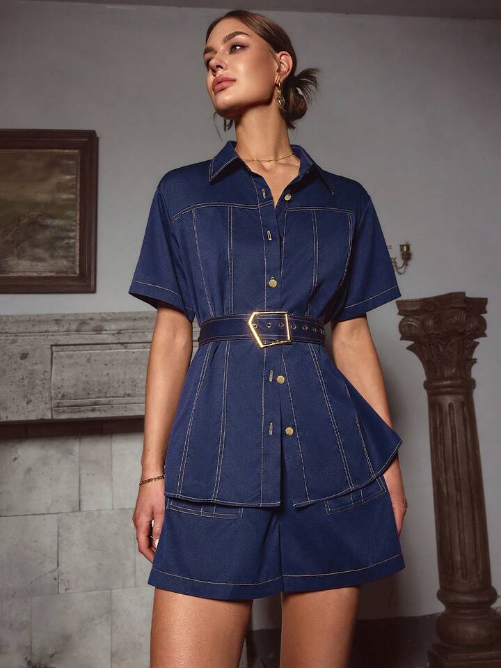 CM-SS321137 Women Elegant Seoul Style Denim Effect Contrast Color Lapel Short Sleeve Top With Shorts - Set