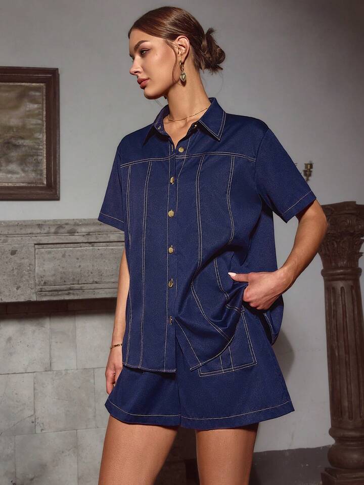 CM-SS321137 Women Elegant Seoul Style Denim Effect Contrast Color Lapel Short Sleeve Top With Shorts - Set