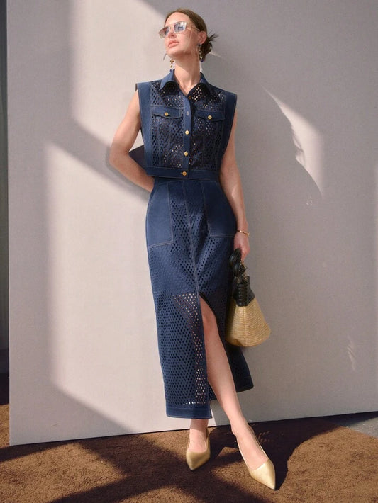 CM-SS226368 Women Elegant Seoul Style Collared Sleeveless Hollow Out Shirt With Mid-Length Skirt - Set