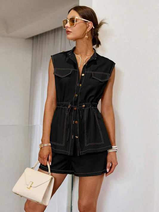 CM-SS248410 Women Casual Seoul Style Solid Color Drawstring Waist Button Front Sleeveless Top With Shorts - Set