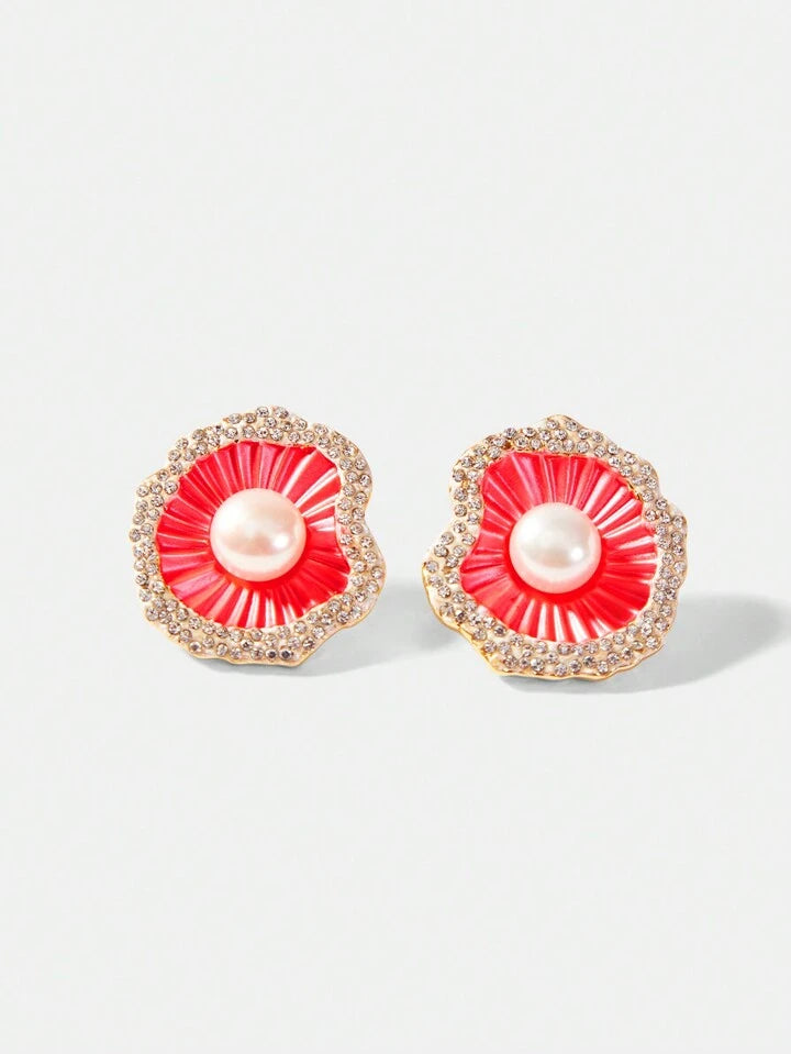 CM-AXS688181 Women Trendy Seoul Style Copper Plated Inlay Natural Freshwater Pearl Floral Stud Earrings