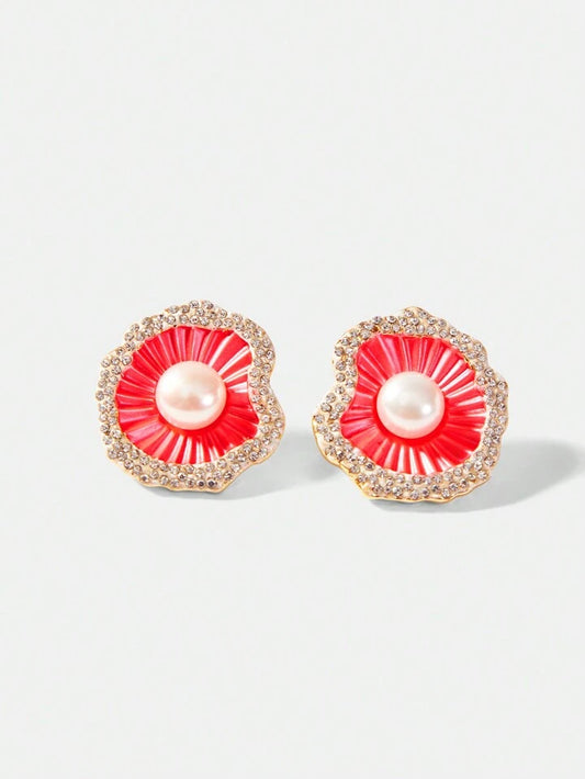 CM-AXS688181 Women Trendy Seoul Style Copper Plated Inlay Natural Freshwater Pearl Floral Stud Earrings