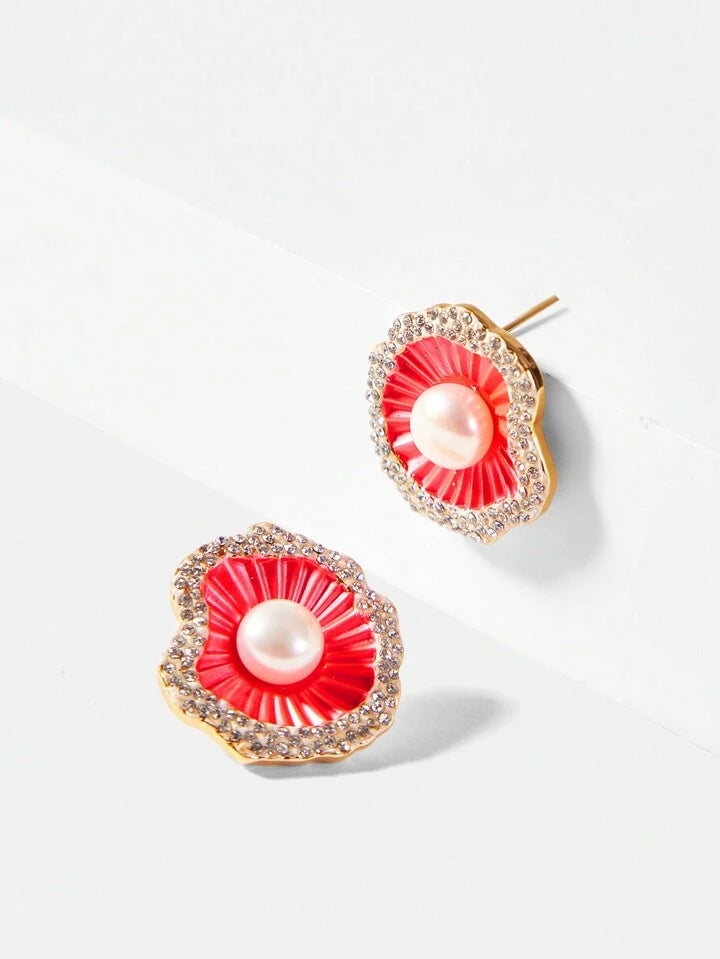 CM-AXS688181 Women Trendy Seoul Style Copper Plated Inlay Natural Freshwater Pearl Floral Stud Earrings