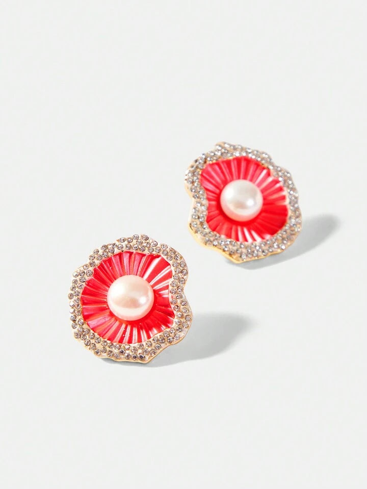 CM-AXS688181 Women Trendy Seoul Style Copper Plated Inlay Natural Freshwater Pearl Floral Stud Earrings