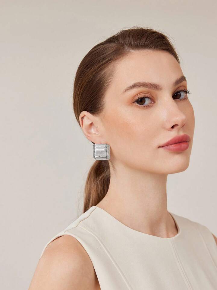 CM-AXS835333 Women Trendy Seoul Style Pleat Curved Ear Cuffs - Silver