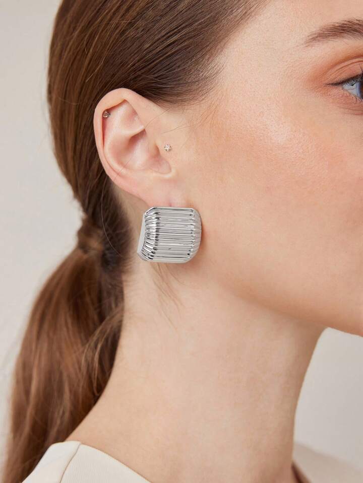 CM-AXS835333 Women Trendy Seoul Style Pleat Curved Ear Cuffs - Silver