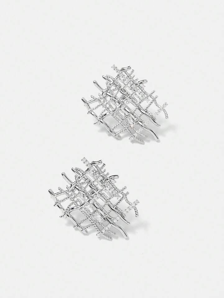 CM-AXS473008 Women Trendy Seoul Style 18K Gold Plated Braided Zirconia Earrings - Silver