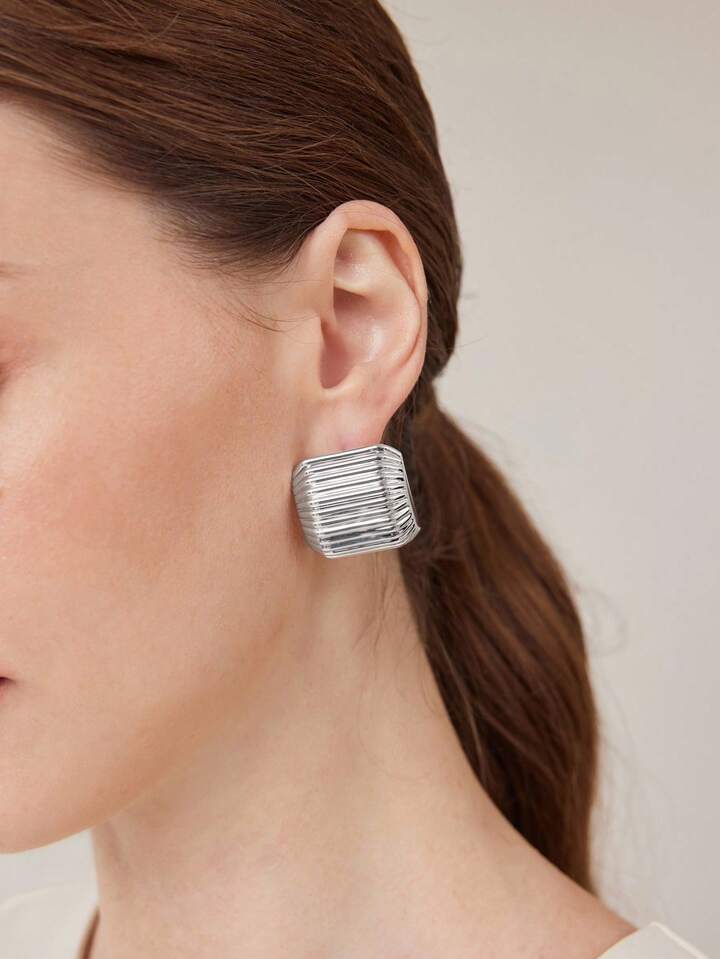 CM-AXS835333 Women Trendy Seoul Style Pleat Curved Ear Cuffs - Silver