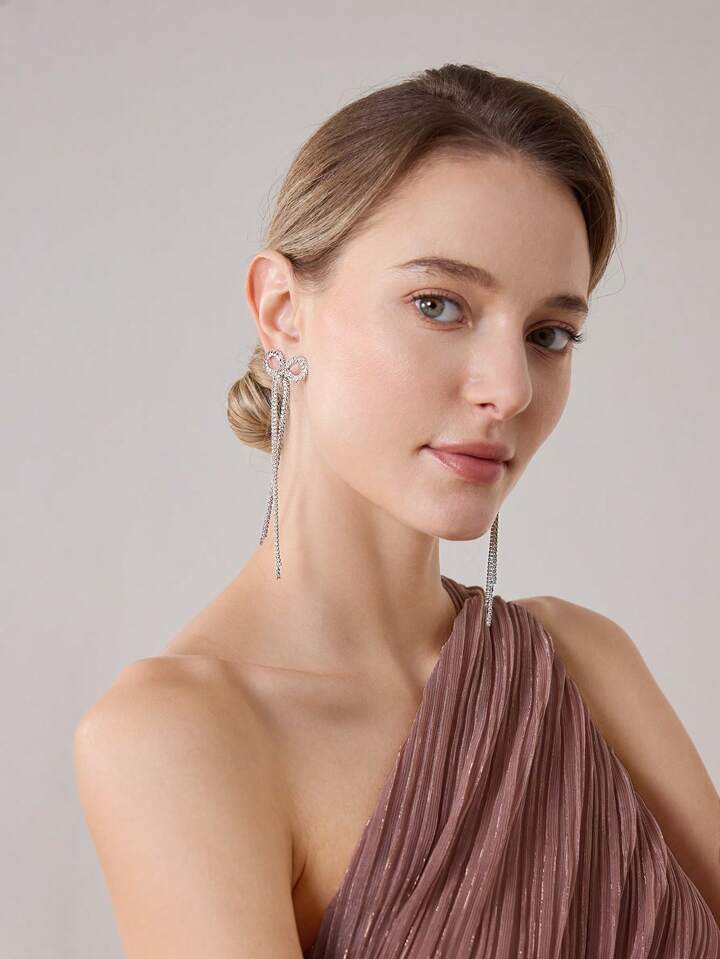 CM-AXS961143 Women Trendy Seoul Style Long Chain Tassel Zirconia Bow Dangle Earrings - Silver