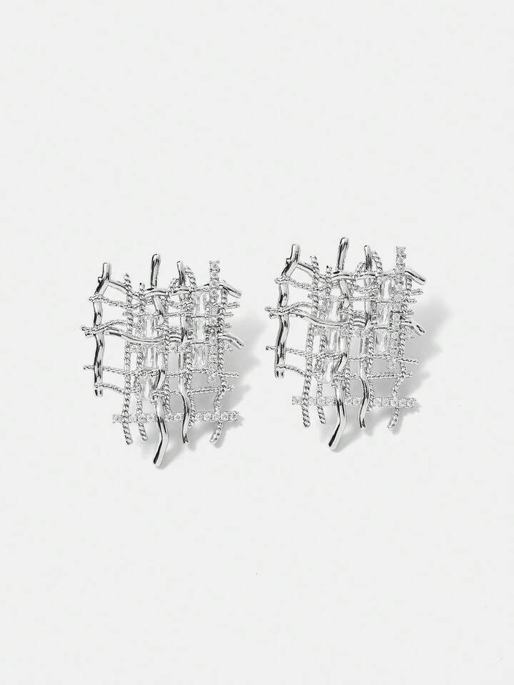 CM-AXS473008 Women Trendy Seoul Style 18K Gold Plated Braided Zirconia Earrings - Silver
