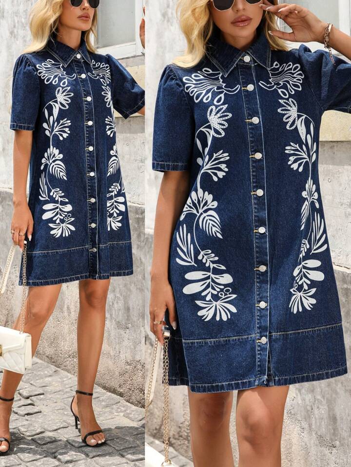 CM-DS771762 Women Casual Seoul Style Collar Neckline Short Sleeve Embroidery Button Front Denim Dress - Blue
