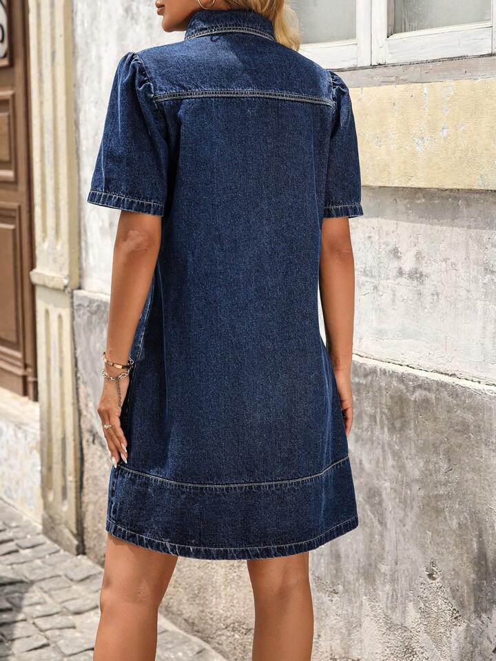 CM-DS771762 Women Casual Seoul Style Collar Neckline Short Sleeve Embroidery Button Front Denim Dress - Blue