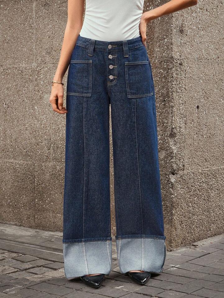 CM-BS980470 Women Casual Seoul Style Dark Wash Mid Waist Button-Up Straight Leg Denim Jeans