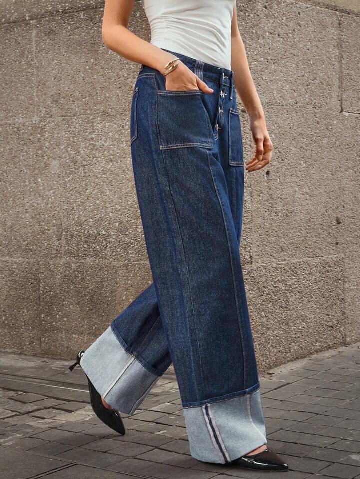 CM-BS980470 Women Casual Seoul Style Dark Wash Mid Waist Button-Up Straight Leg Denim Jeans