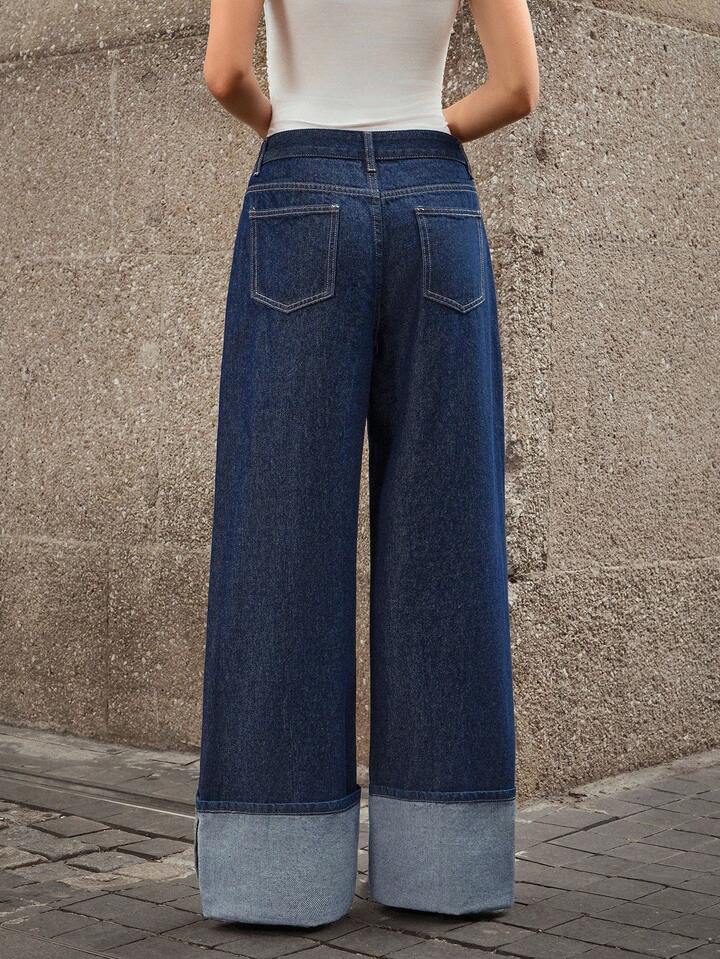 CM-BS980470 Women Casual Seoul Style Dark Wash Mid Waist Button-Up Straight Leg Denim Jeans
