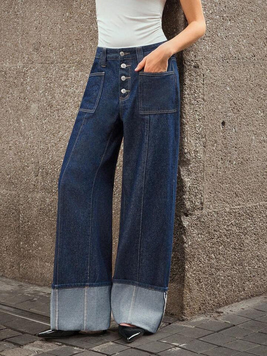 CM-BS980470 Women Casual Seoul Style Dark Wash Mid Waist Button-Up Straight Leg Denim Jeans
