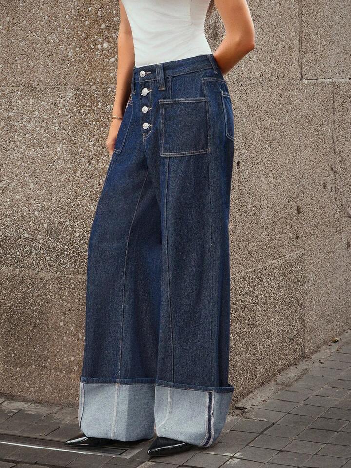 CM-BS980470 Women Casual Seoul Style Dark Wash Mid Waist Button-Up Straight Leg Denim Jeans