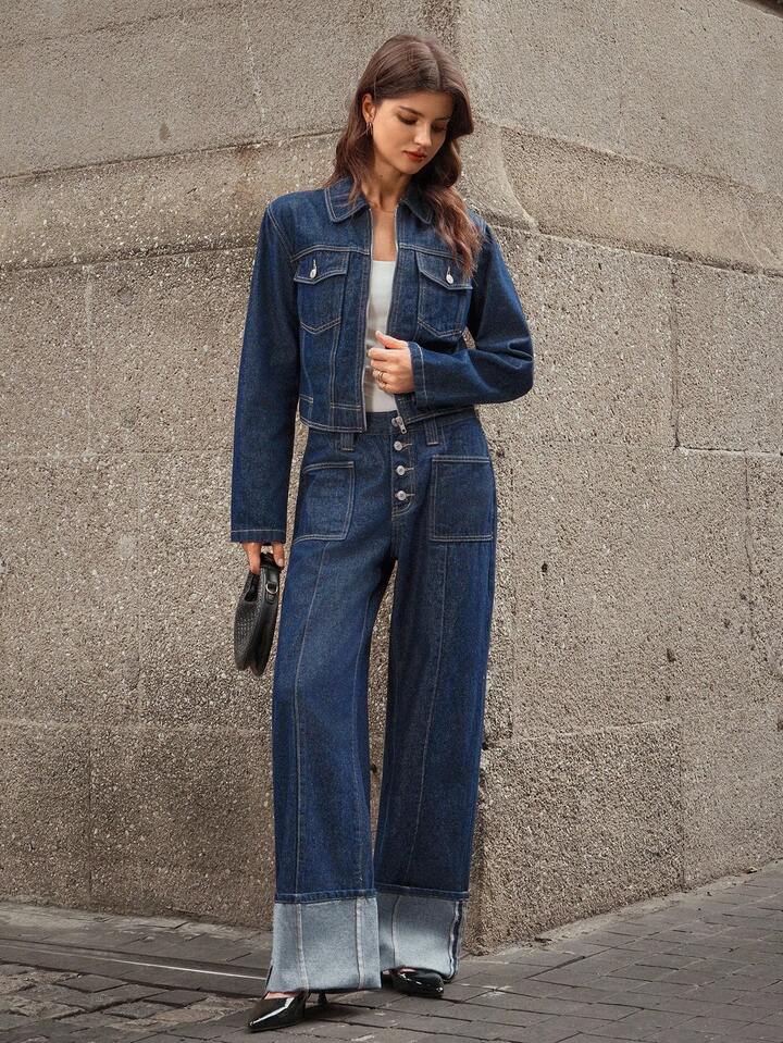 CM-BS980470 Women Casual Seoul Style Dark Wash Mid Waist Button-Up Straight Leg Denim Jeans