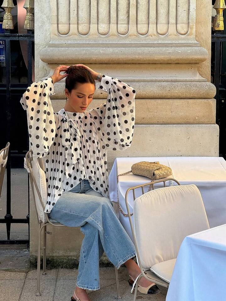 CM-TS417563 Women Elegant Seoul Style Bowknot Lantern Sleeve Polka Dot Pattern Pleated Blouse - White