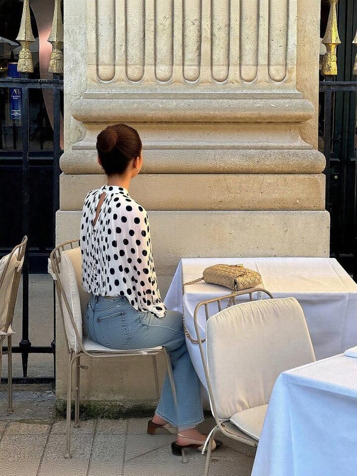 CM-TS417563 Women Elegant Seoul Style Bowknot Lantern Sleeve Polka Dot Pattern Pleated Blouse - White