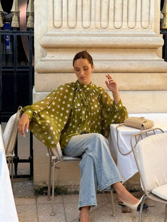 CM-TS487684 Women Elegant Seoul Style Bowknot Lantern Sleeve Polka Dot Pattern Pleated Blouse - Dark Green