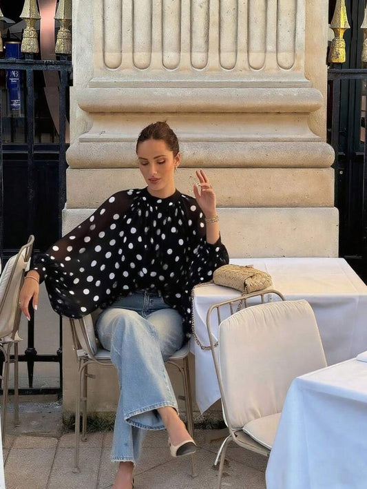 CM-TS482780 Women Elegant Seoul Style Bowknot Lantern Sleeve Polka Dot Pattern Pleated Blouse - Black