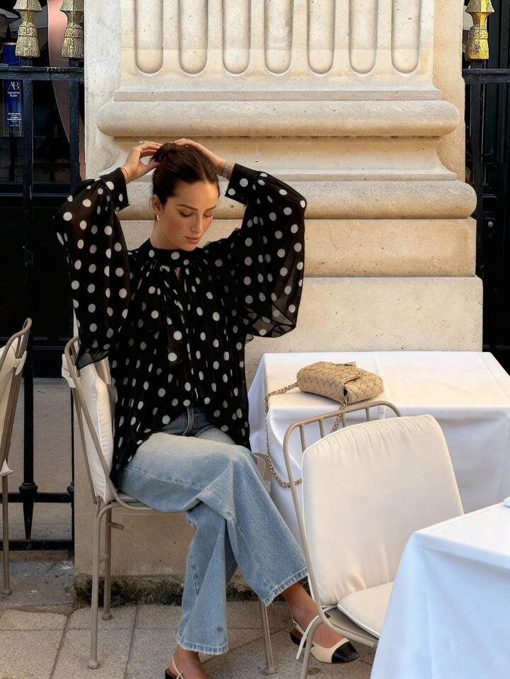 CM-TS482780 Women Elegant Seoul Style Bowknot Lantern Sleeve Polka Dot Pattern Pleated Blouse - Black