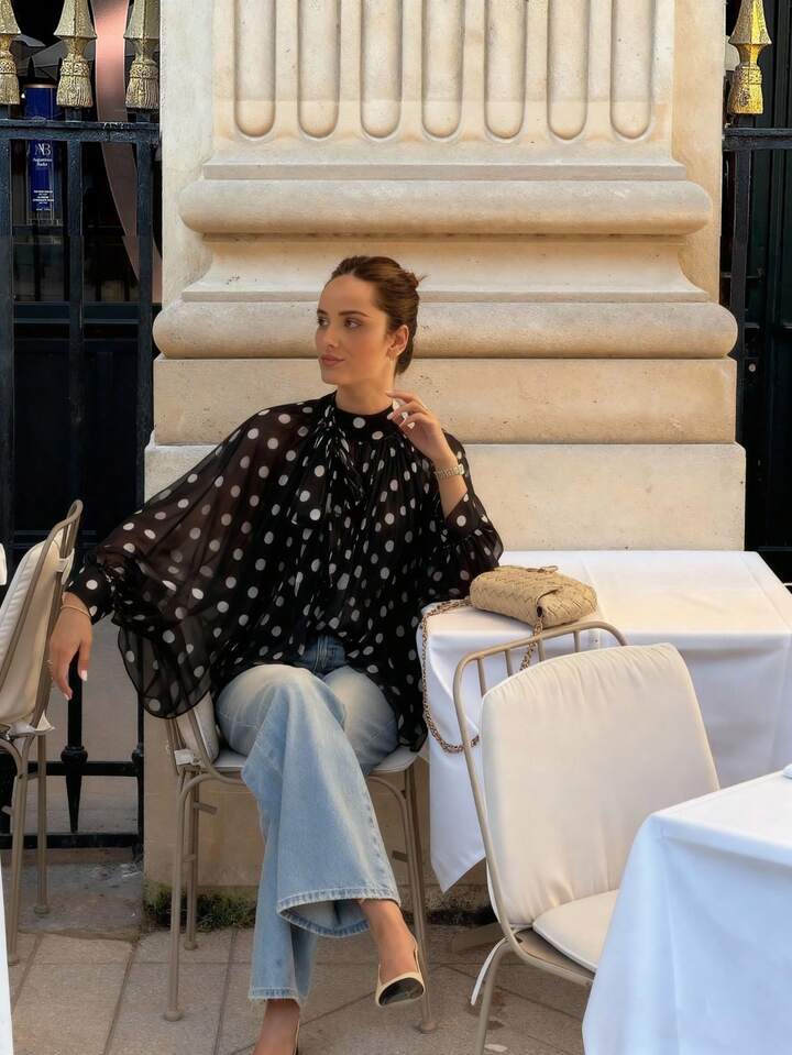 CM-TS482780 Women Elegant Seoul Style Bowknot Lantern Sleeve Polka Dot Pattern Pleated Blouse - Black