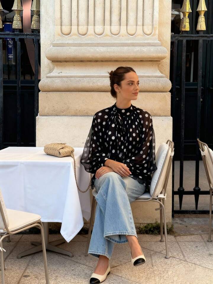 CM-TS482780 Women Elegant Seoul Style Bowknot Lantern Sleeve Polka Dot Pattern Pleated Blouse - Black